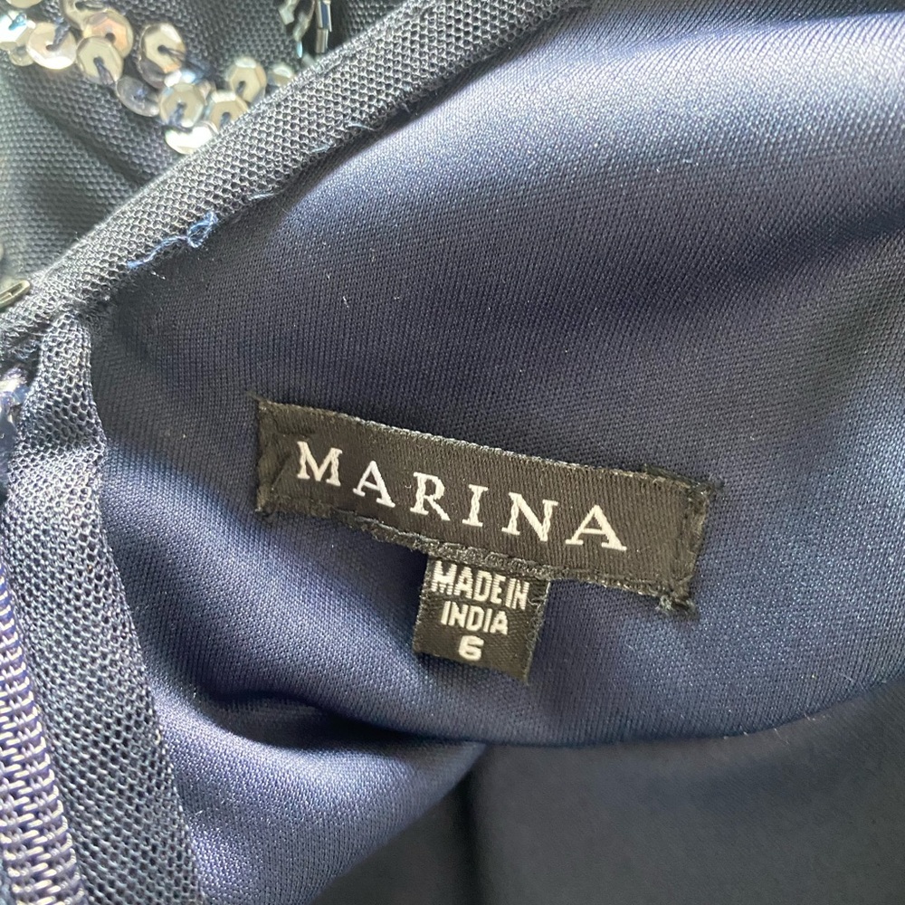 MARINA Midnight Blue Gown with Silver Beaded Leaf Design - Picture 5 of 8